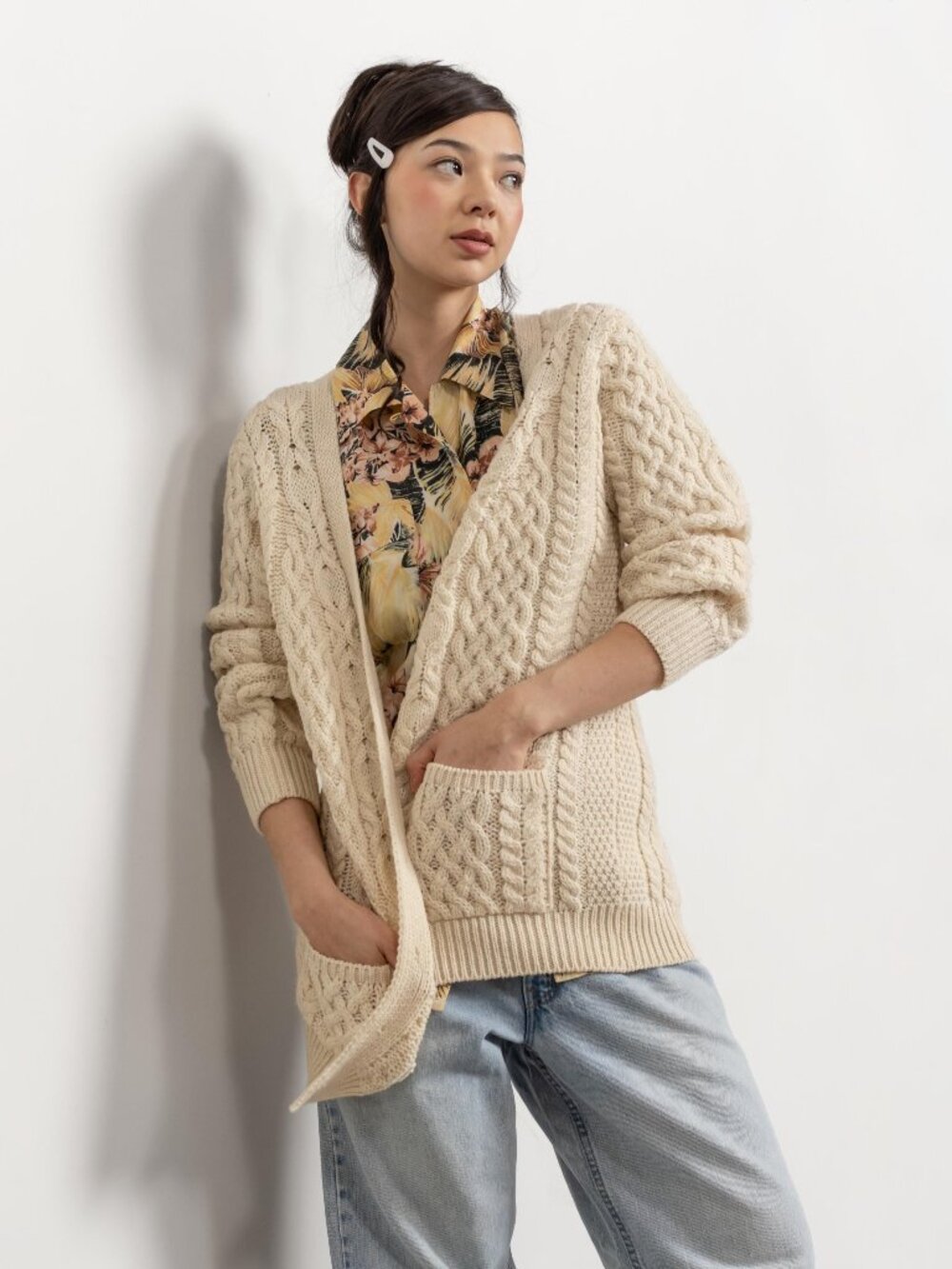 IRISH WOOL CARDIGAN Oversize Vintage Cable Knit Beige Brown Cream Knitwear